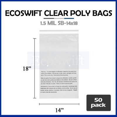 50 14x18 Self Seal Suffocation Warning Clear Poly Bags 1.5 mil Free Shipping