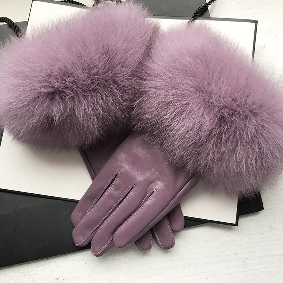 Guantes de cuero de piel de cordero para mujer con puño ribete de piel de zorro guantes cálidos de invierno Foto 2 de 4