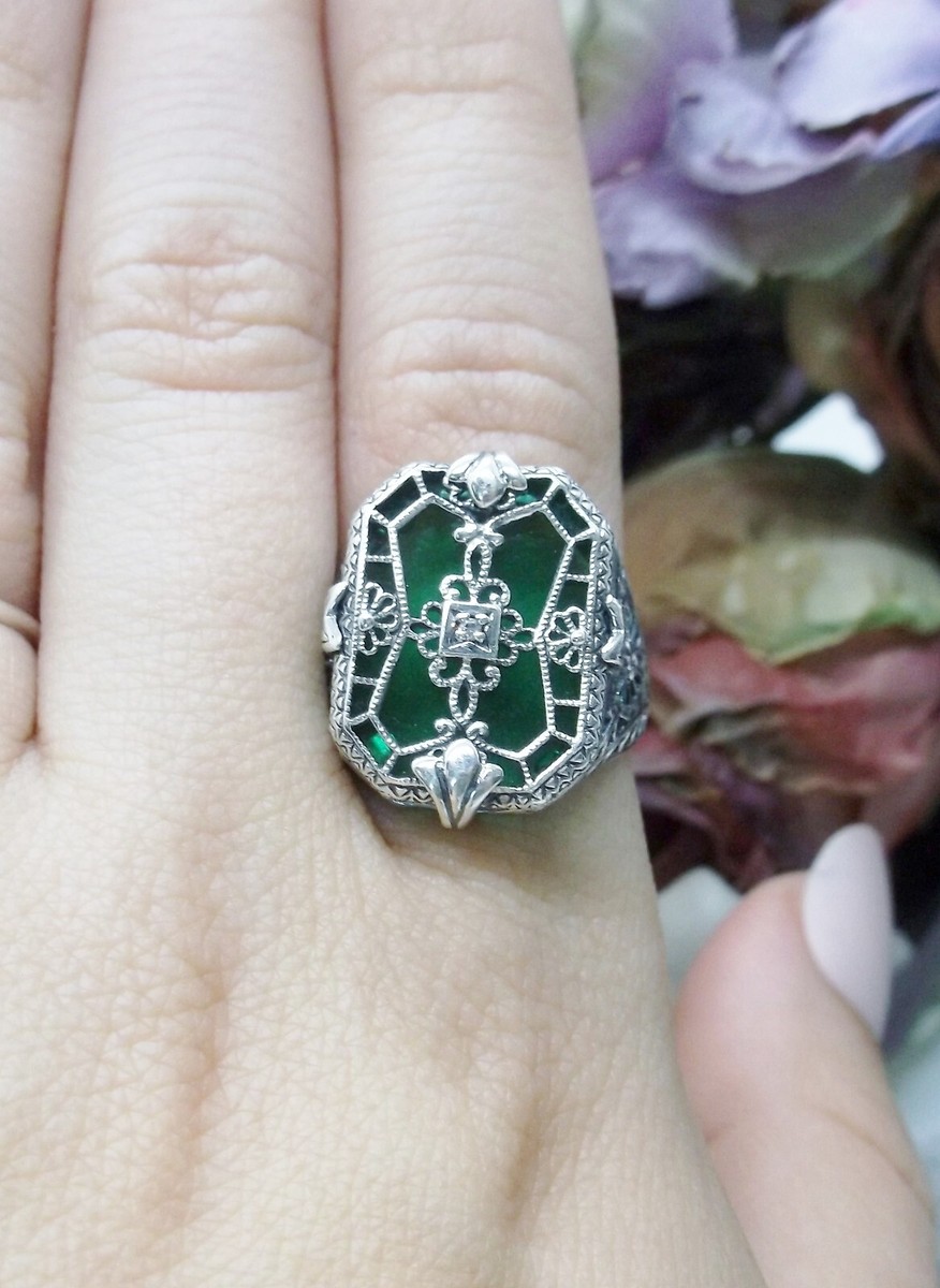 Art Deco Camphor Glass Ring – Sterling Silver 925, Custom Made, Filigree Style