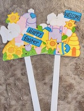 Easter Bunny Welcome  Happy Easter 18  Wooden Yard Signs Set X2 Never Used