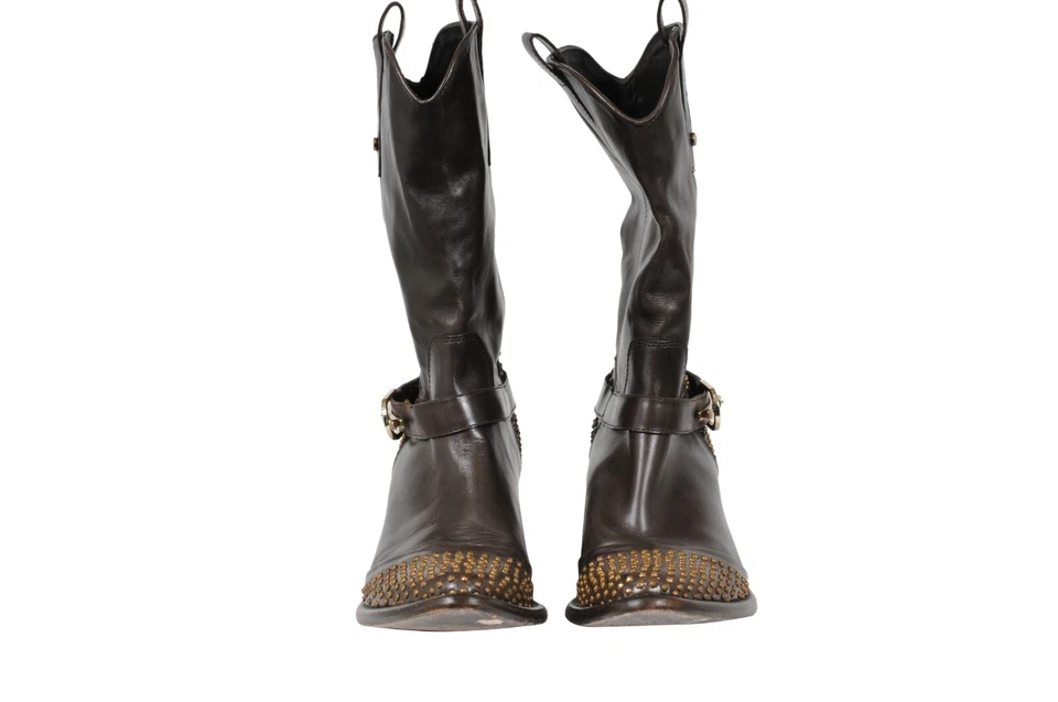 Cesare Paciotti Studded Western Cowboy Boots US 7 EU 37 Brown Leather Gold - Image 2 of 4
