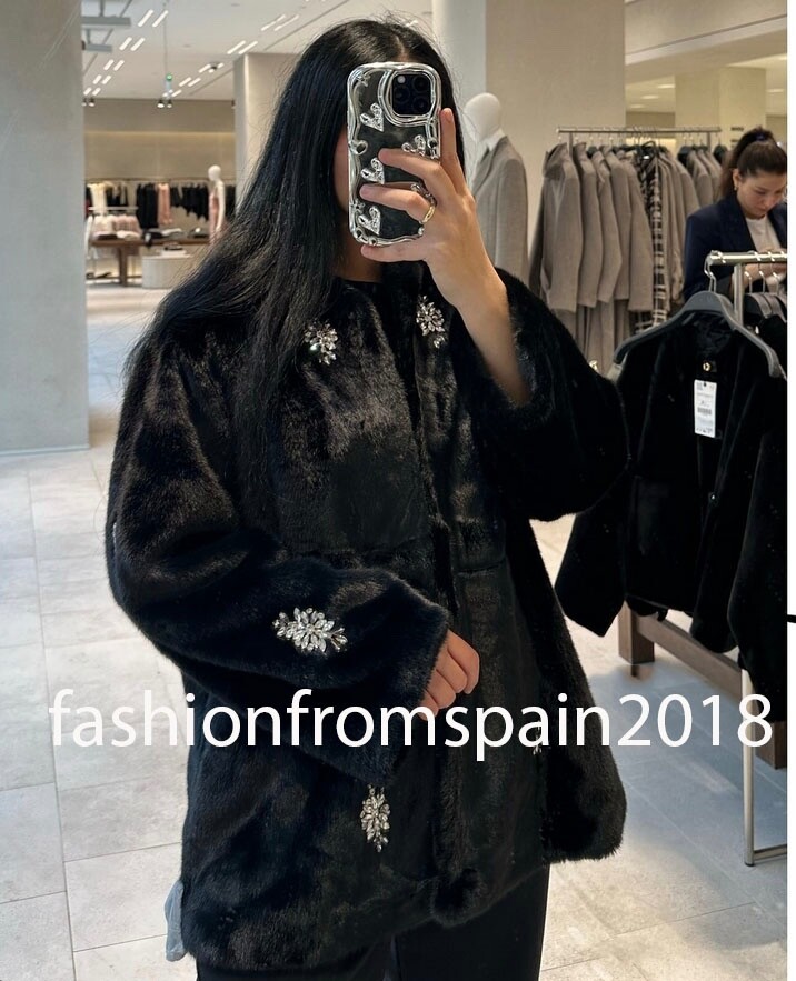ZARA NEW WOMAN FAUX FUR COAT WITH JEWEL BEADING RHINESTONE