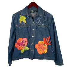 Lighthouse Apparel Jean Jacket With Hisbiscus Floral Flower Appliques Size Small