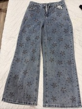 Womens Blue Denim Wide-Leg Studded Jeans, Sol...