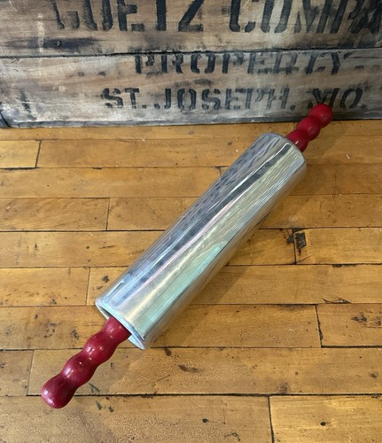 Vintage Metal Rolling Pin - Made In Germany - Aluminum - Red Wood Handles