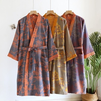 Men's Printed Cotton Loose Sweat Steaming Robes Thin Summer Ethnic Retro Chic