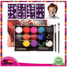 15 Color Face Painting Kit Kids Water Based Makeup with Stencils and 2 Brushes