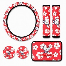 Hello Kitty Car Accessories Set Steering Wheel Cover Headrest Coasters New Hello Kitty Car Accessories Set Steering Wheel Cover Headrest Coasters New