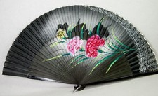 Vintage Japanese Hand Painted Black Silk Fan Flowers Carnations 17.5" Wide