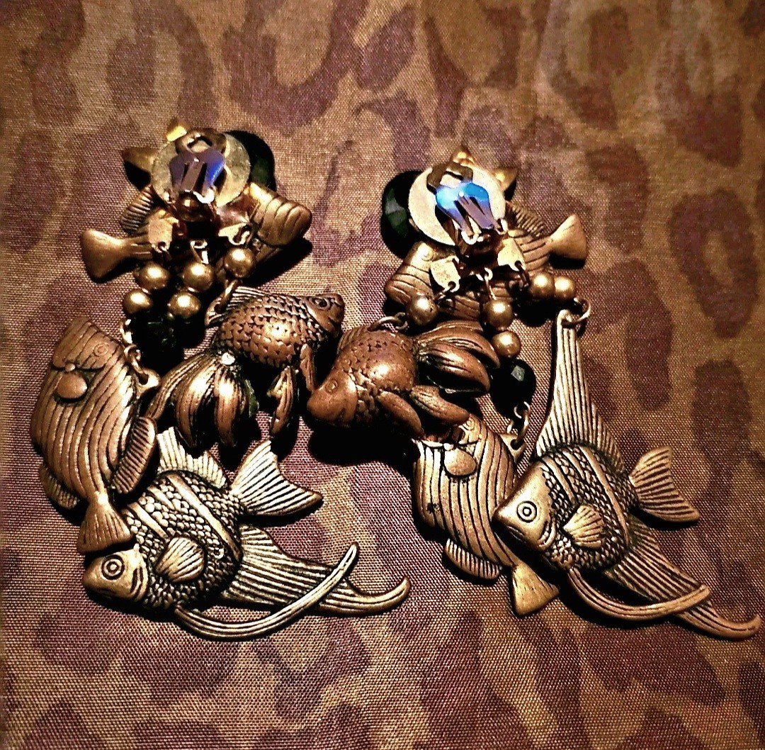 Vintage 80's OOAK Artisan Bold Hand Crafted Dramatic Oversized Fish Earrings View 3