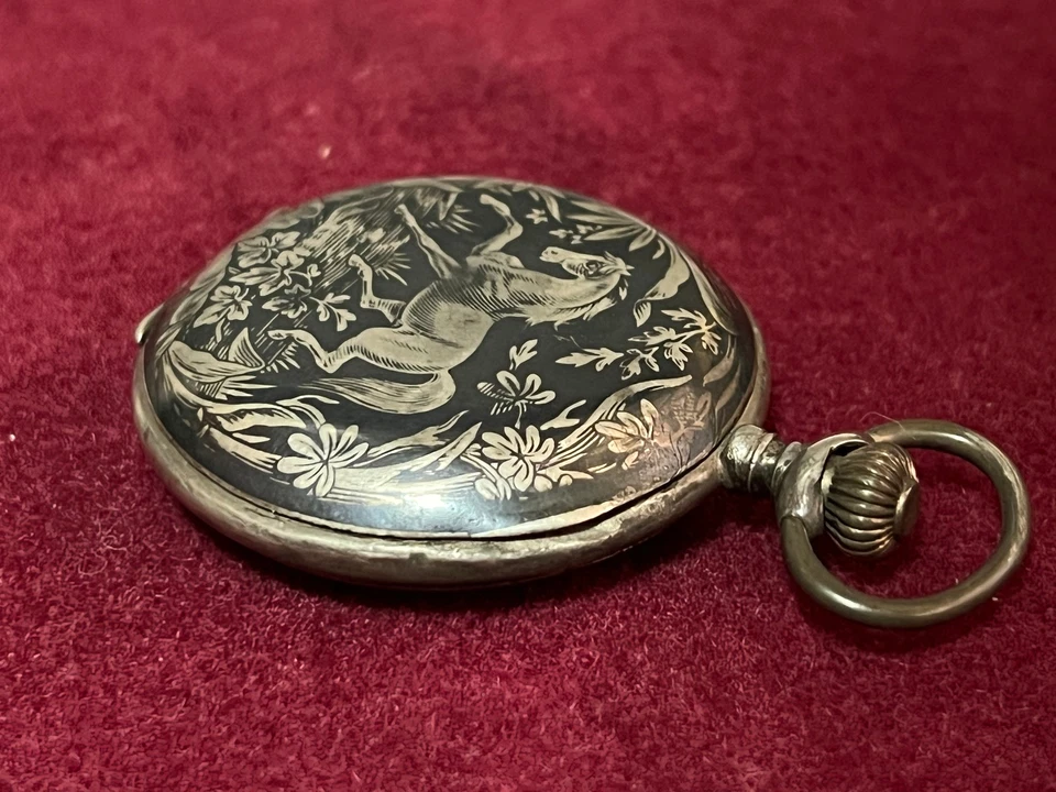 19th Remontoir Cylindre 10 Rubis Silver Niello Double Hunter Pocket Watch Horse - Image 3 of 4