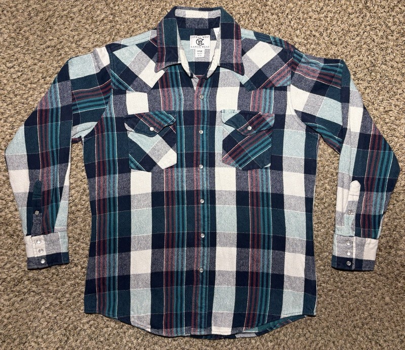 CORRAL WEST RANCH WEAR Turquoise Plaid Flannel Pearl Snap Western Cowboy Shirt M