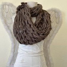 Chunky Knit Infinity Scarf Taupe Metallic Sparkle Loop Cozy Winter Warm Boho