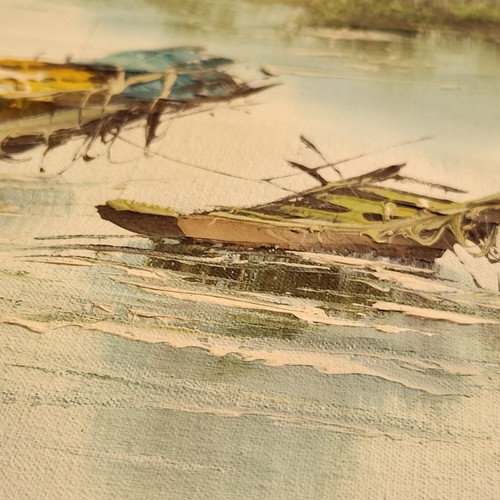 Vintage Original chinesisches Junk Boat Ölgemälde auf Leinwand 21" x 27" signiert Segeln - Bild 9 von 14