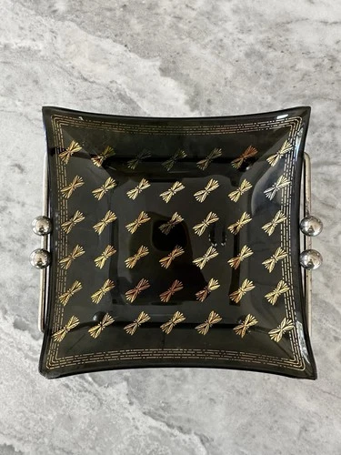 Vintage Cera Glass MCM Black  Smoked Glass square Trinket Dish Gold Bows