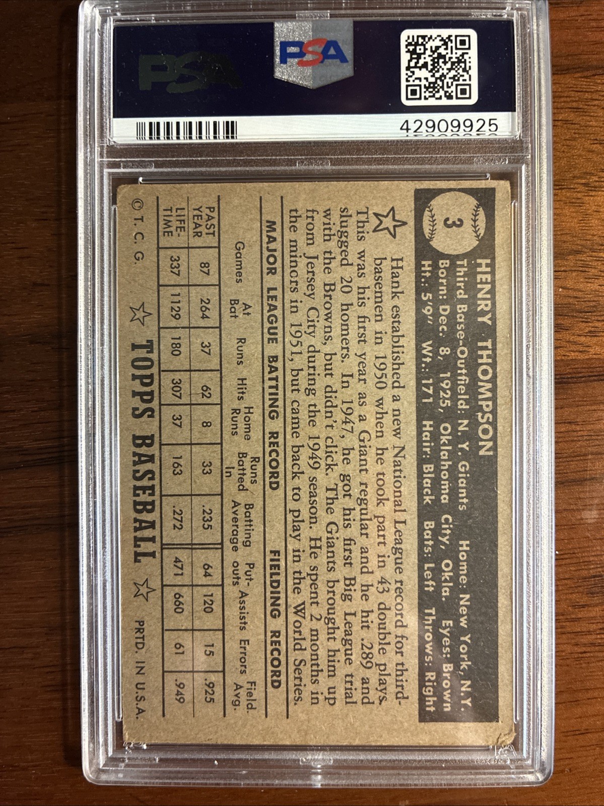 1952 Topps Hank Thompson NY Giants #3 Black Back PSA 3 VG view 3