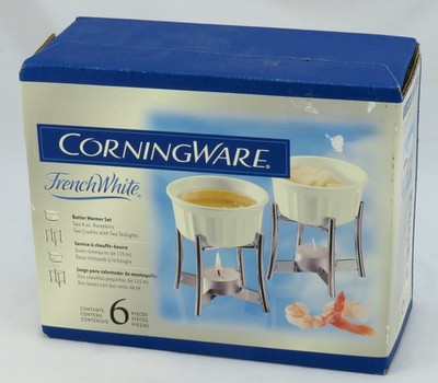 Set of 2 Corningware French White Butter Warmer Ramekins w/ Cradles, Tealights