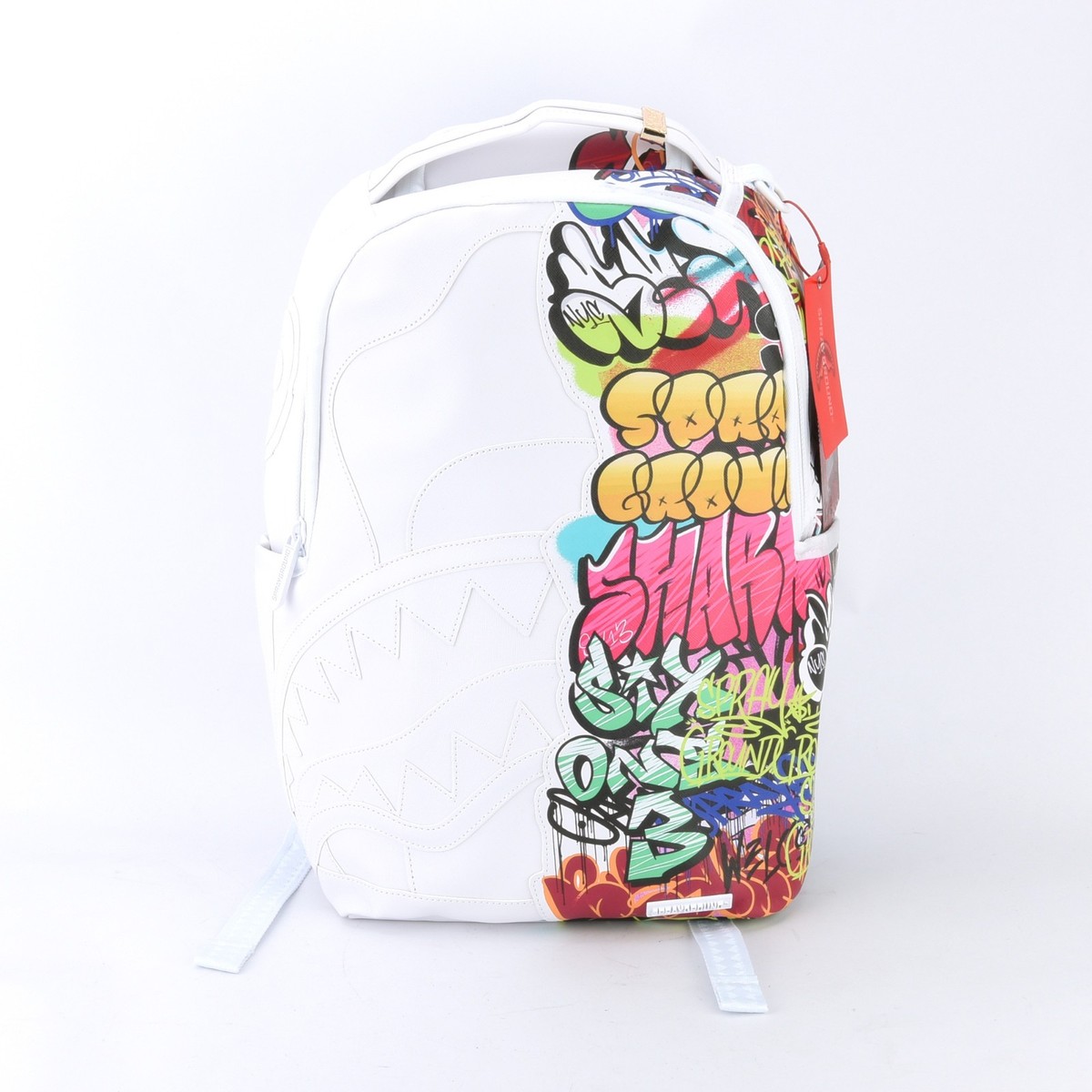 Sprayground Shark DLXV Leather Bag Backpack Half Graff White