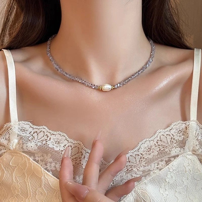 Natural Tea crystal Baroque freshwater pearl necklace collarbone chain - Image 2 of 4