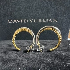 David Yurman 18K Yellow White Gold Pave Diamond 24mm Medium Hoop Earrings