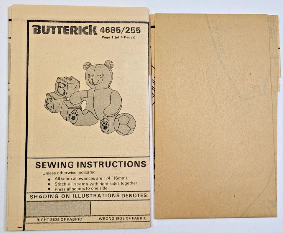 VTG 80s Butterick Sew Pattern 4685 Stuffed Bear 18" , Blocks, & Ball UNCUT - Image 3 of 3