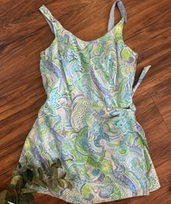 Vintage GaBar Cotton Play Swim Suit 60’s Union Label Blue Green Dress Sunsuit