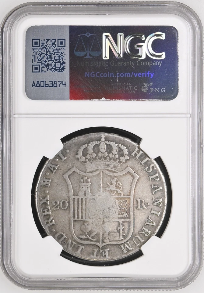 (1834) PORTUGAL MARIA II 870 REIS COUNTERMARK 1809 SPAIN 20 REALES NGC VF DETAIL - Image 4 of 4