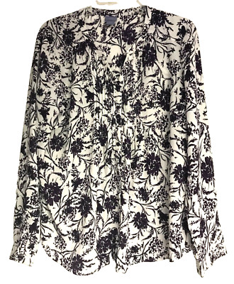 Laura Scott Large Purple Floral Button Front Pleated Long Sleeve Tunic