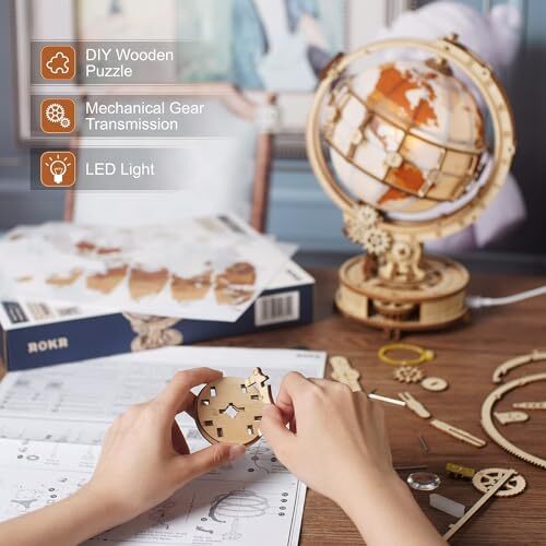 3D Wooden Puzzles for Adults Illuminated Globe with Stand 180pcs 3D Puzzles - Picture 6 of 7