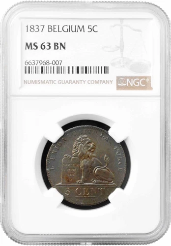 Belgium 5 centimes 1837, NGC MS63 BN, "King Leopold I (1832 - 1865)"