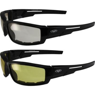 2 Sly Padded Motorcycle Riding Glasses Clear and Yellow Lenses by Global Vision