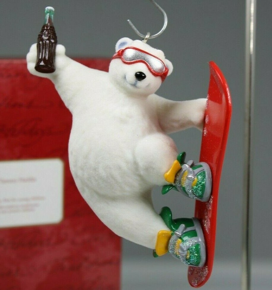 VINTAGE COCA COLA HALLMARK KEEPSAKE ORNAMENT POLAR BEAR SPORTS SNOW BOARD 2001