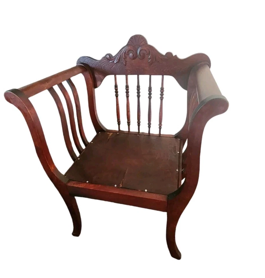 Antique Victorian Renaissance Revival Solid Cherry Wood Curved Opem Arm Chair  - Image 3 of 4