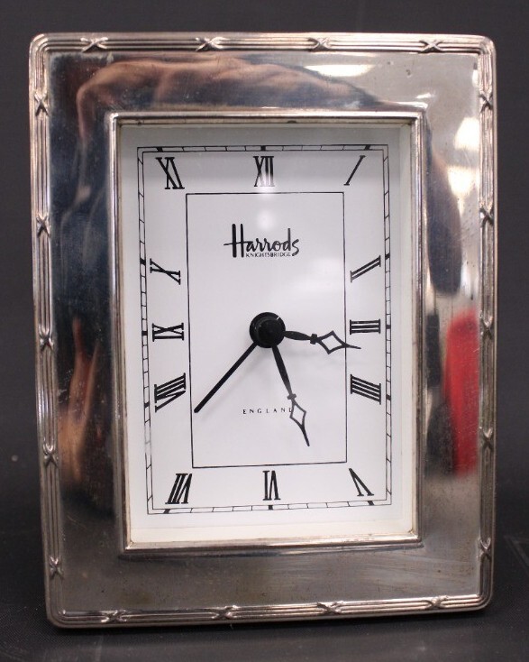 Vtg HARRODS Desk Clock W/ R.CARR STERLING SILVER Border Framing 4.5