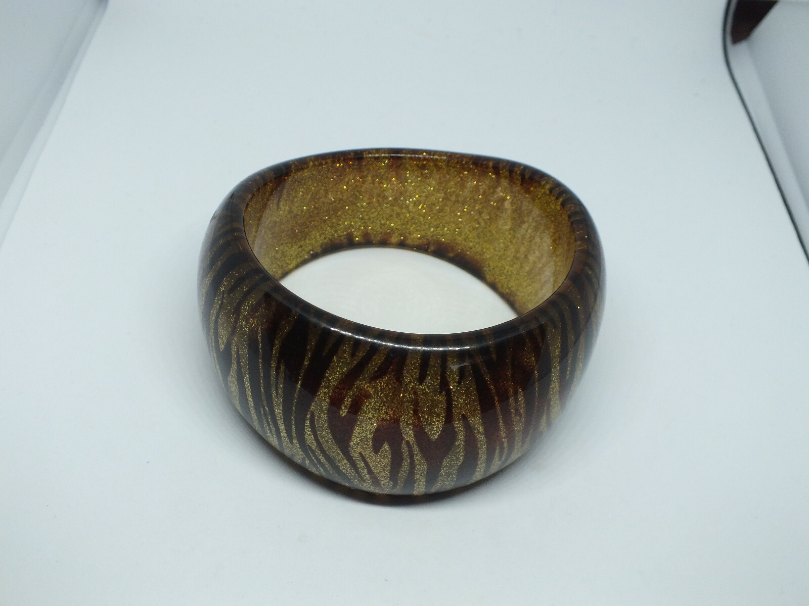 Elegant Brown Gold Glittery Striped Bangle Bracelet 1 5/8