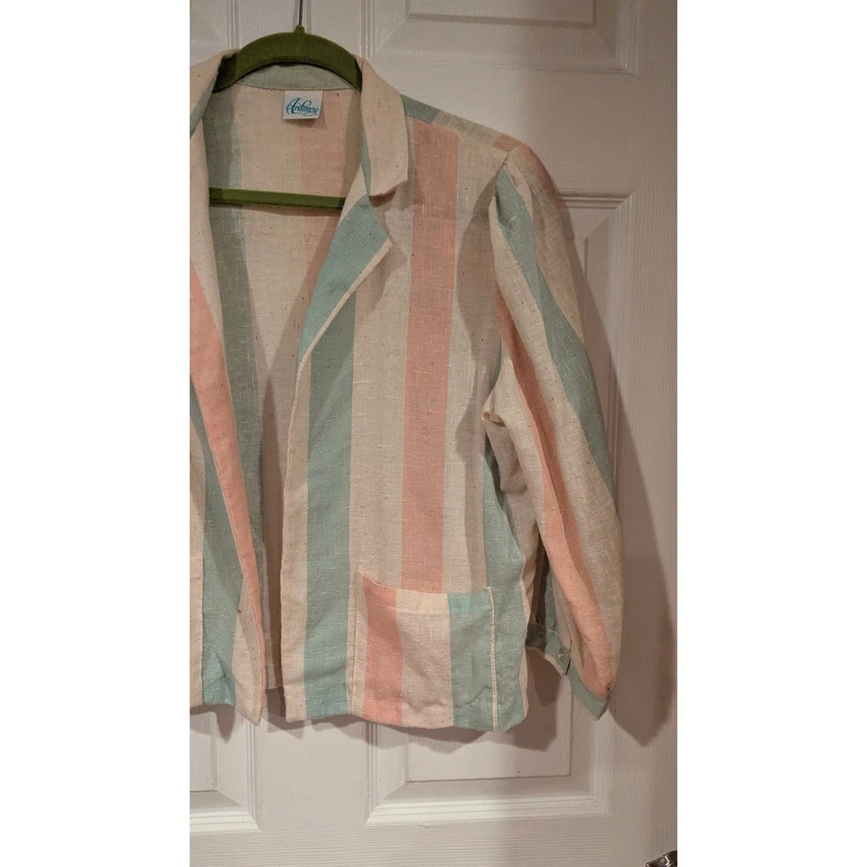 Ardmore Striped Blazer Pastel Pink Blue Cream Linen Blend Cropped Pockets - Image 2 of 4