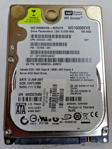 WESTERN DIGITAL *WD1600BEVS* 160 GB * SATA HDD Notebook 2,5 Zoll #NFP1603