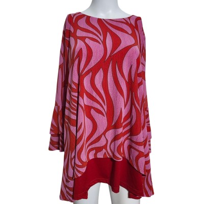 Calessa L Blouse Swirl Print L Pink & Red Tiered Ruffle Sleeve Tunic Flame Fire