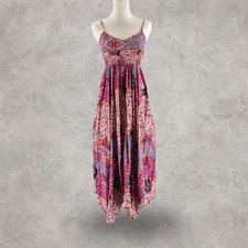 AEO Dress XS Pink Patchwork Swing Midi Strappy Smocked Empire Asymmetric Boho