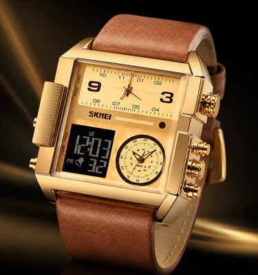 Men's Triple Sub-Dial Quartz Watch Genuine Leather 3 Timezone Stopwatch Gold