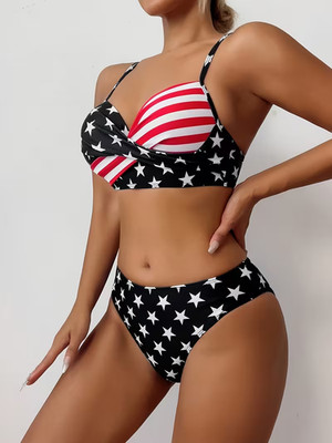 American Flag Bikini Set Patriotic Star and Stripes Print Swimsuit High Waist