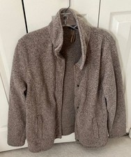 Lands End cocoa heather fleece sweater jacket, L 14-16, tailored, full zip/snap