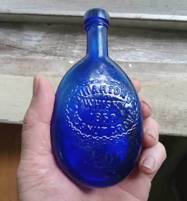 RARE COBALT WHARTON'S 1850 CHESTNUT GROVE WHISKEY TEARDROP POCKET FLASK NICE!