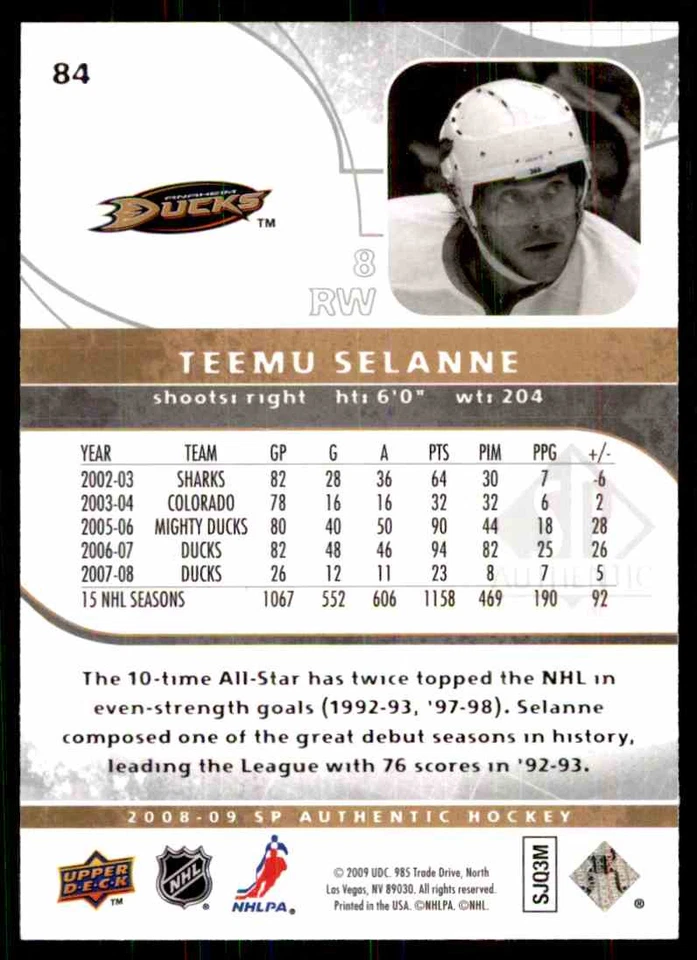 2008-09 SP AUTHENTIC TEEMU SELANNE ANAHEIM DUCKS #84 - Image 2 of 2