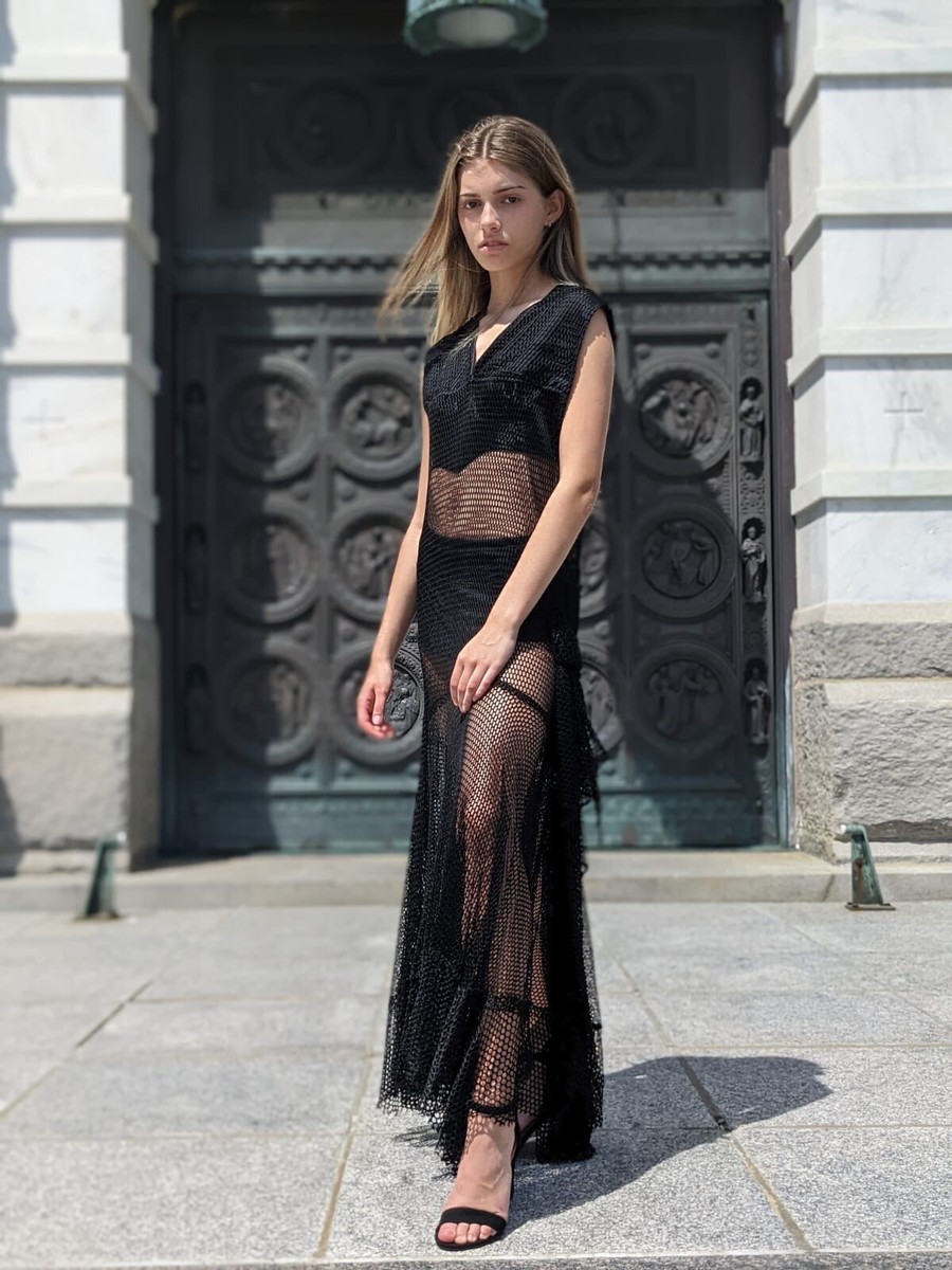 ワンピース Fishnet Dress ALLURING FLAPPER 1920'S BLACK FISHNET DRESS W DRAPE TAILS AT