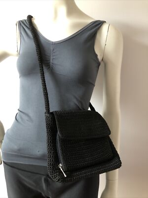 Crossbody Bag Purse Black Crochet Lined Organizer Inner-zip-pocket 7''x7''x3'' EUC