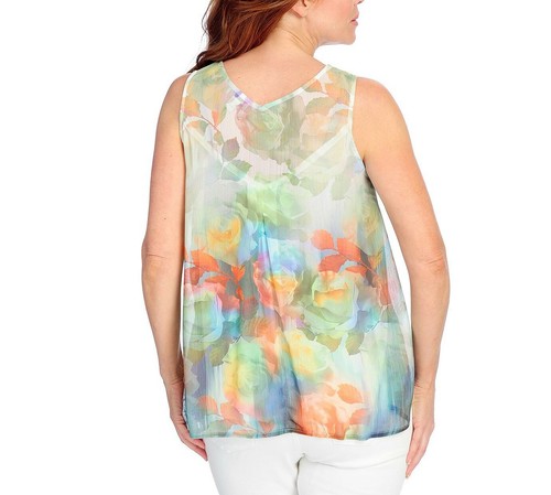 NEW One World Printed Woven V-Neck Lace Detailed Pleated Tank Top - Picture 3 of 6
