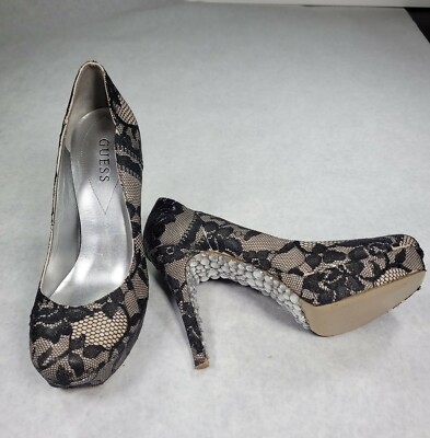 Guess Taupe Black Lace Rhinestone Platform Pump Heel Stiletto NICE