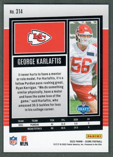 2022 Score George Karlaftis Rookie Card #314 Chiefs RC QTY - Picture 2 of 2