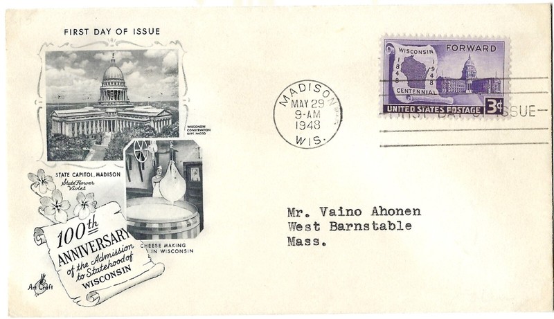 3 '48 FDCs 100th Anniv Wisconsin SC#957, Wm. A. White SC#960, New York SC#C38